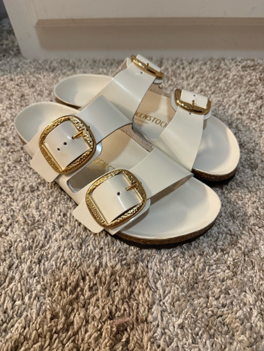 Birkenstock White Double-Strap Sandals with Gold Buckles